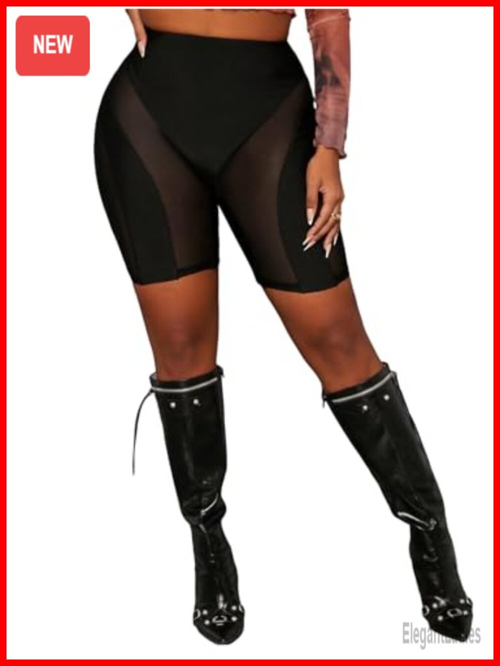Women's High Waist Biker Shorts with Contrast Mesh - Workout Athletic Yoga